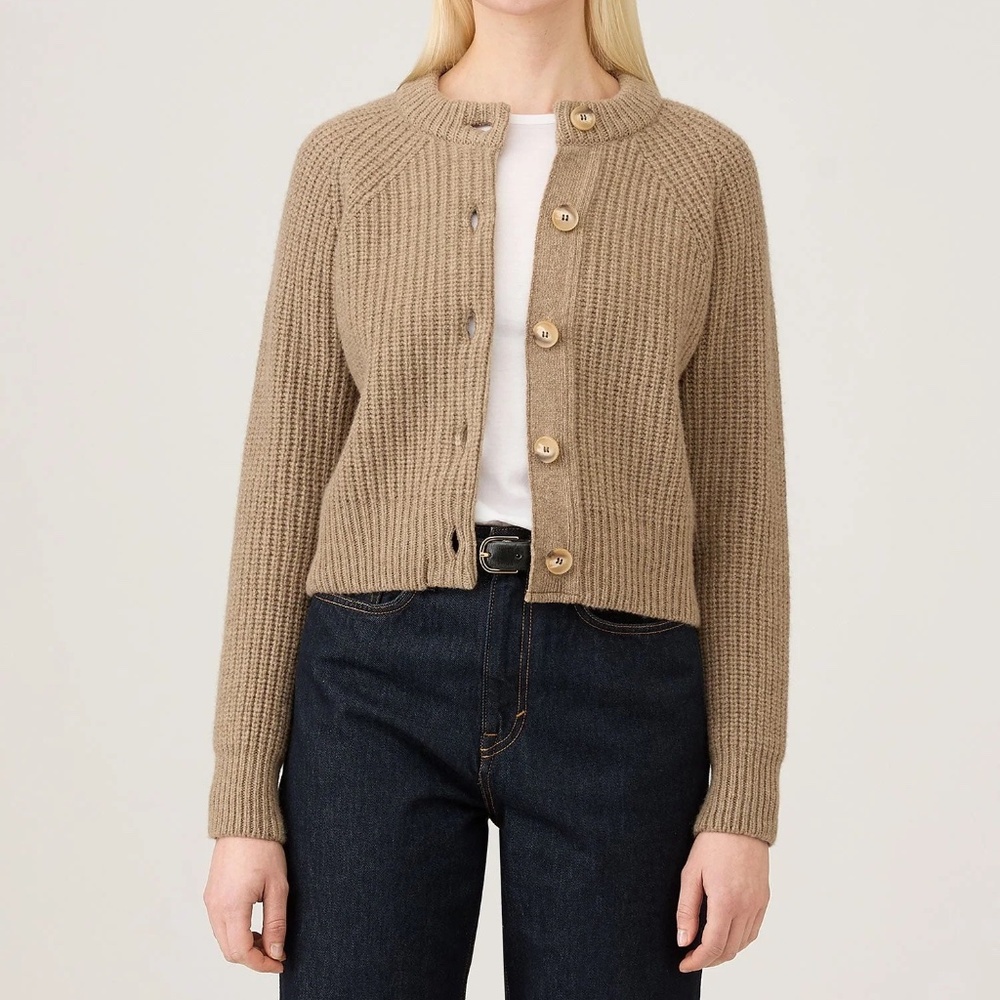 SUNSPEL Women's Ribbed Crew Neck Cardigan, Mink (Tan), Size XS, S, M, L